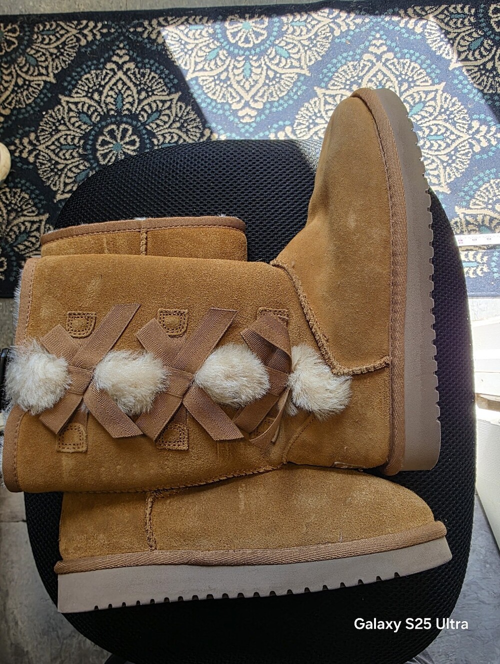 Women's Tan Suede Winter Boots with Fur Pom-Pom Accents